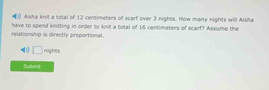 aisha knit a total of 12 centimeters of scarf over 3 nights. how many n…