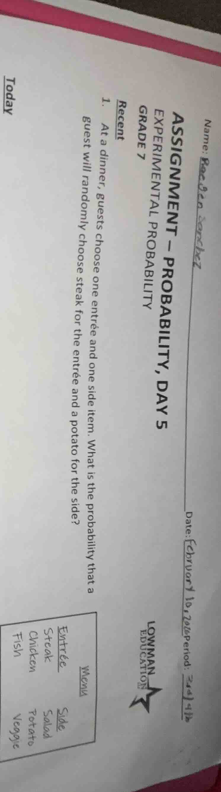 name:date: february 10, 2016 period: 3/4/4bassignment - probability, da…