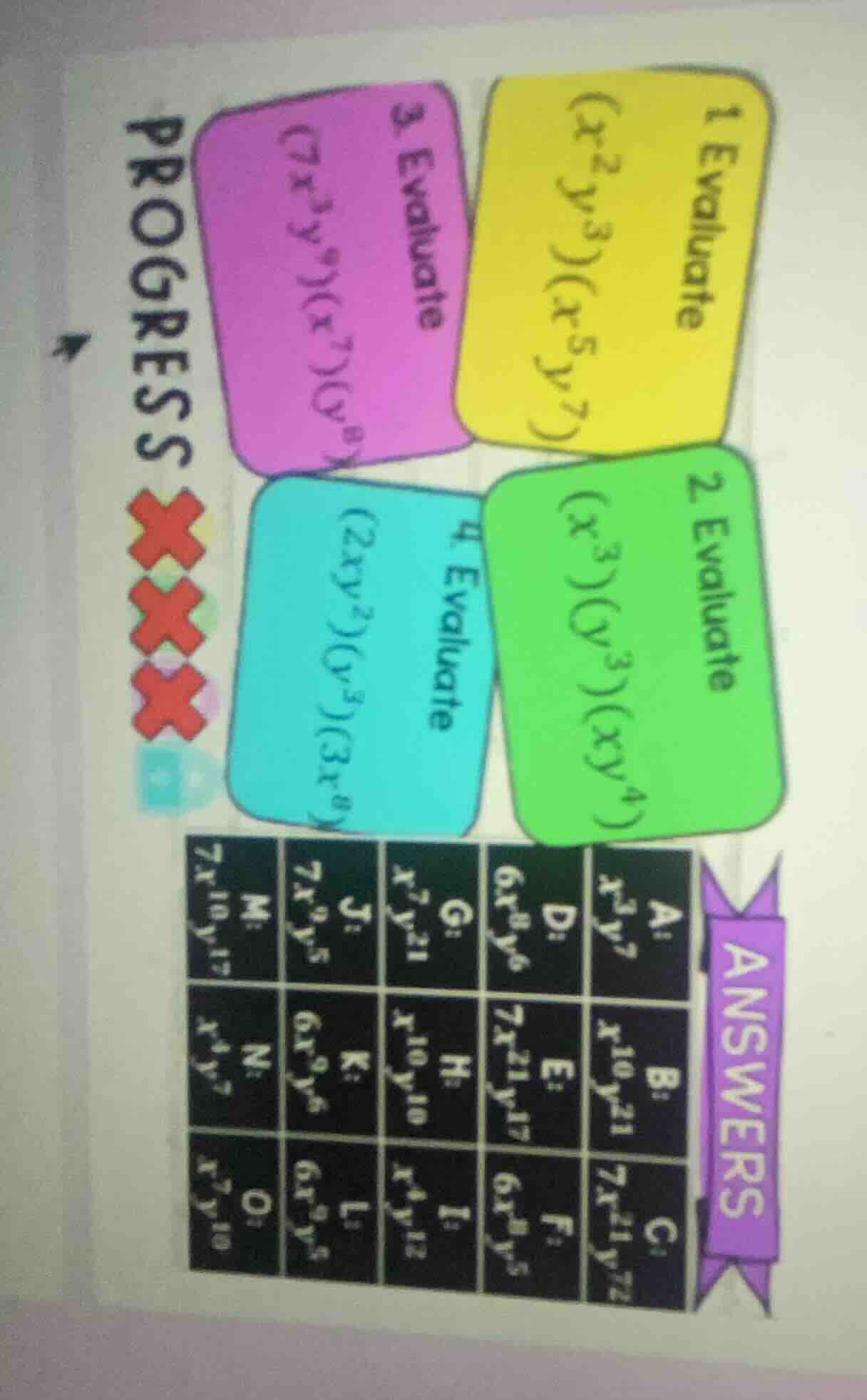 progress xxx1. evaluate$(x^{2}y^{3})(x^{5}y^{7})$2. evaluate$(x^{3})(y^…