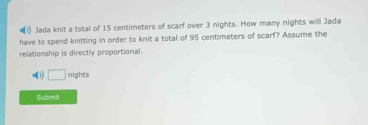 jada knit a total of 15 centimeters of scarf over 3 nights. how many ni…