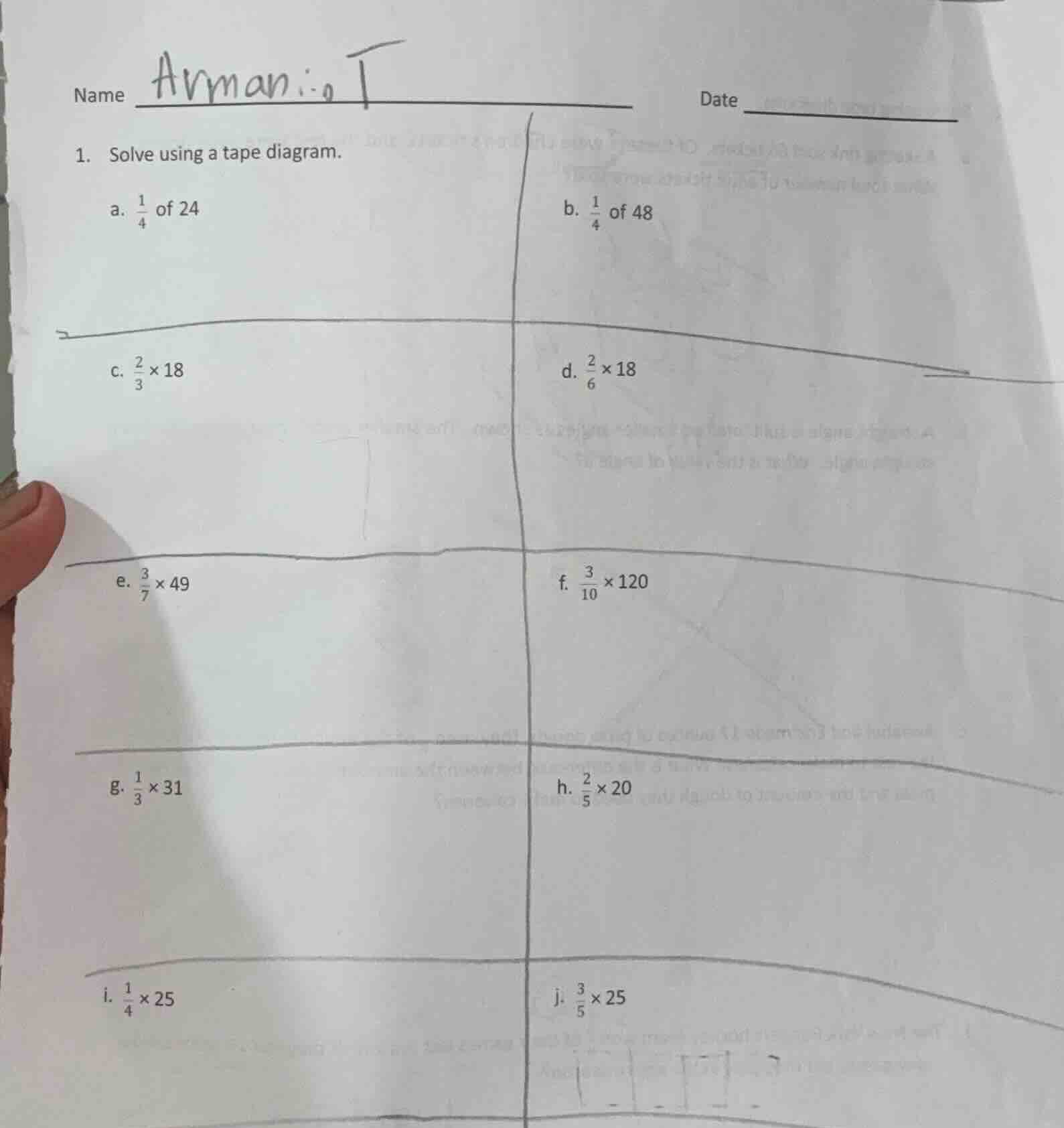 name armani: t date 1. solve using a tape diagram. a. $\frac{1}{4}$ of …