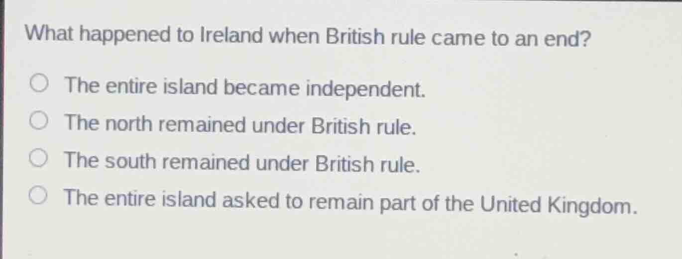 what happened to ireland when british rule came to an end?○ the entire …