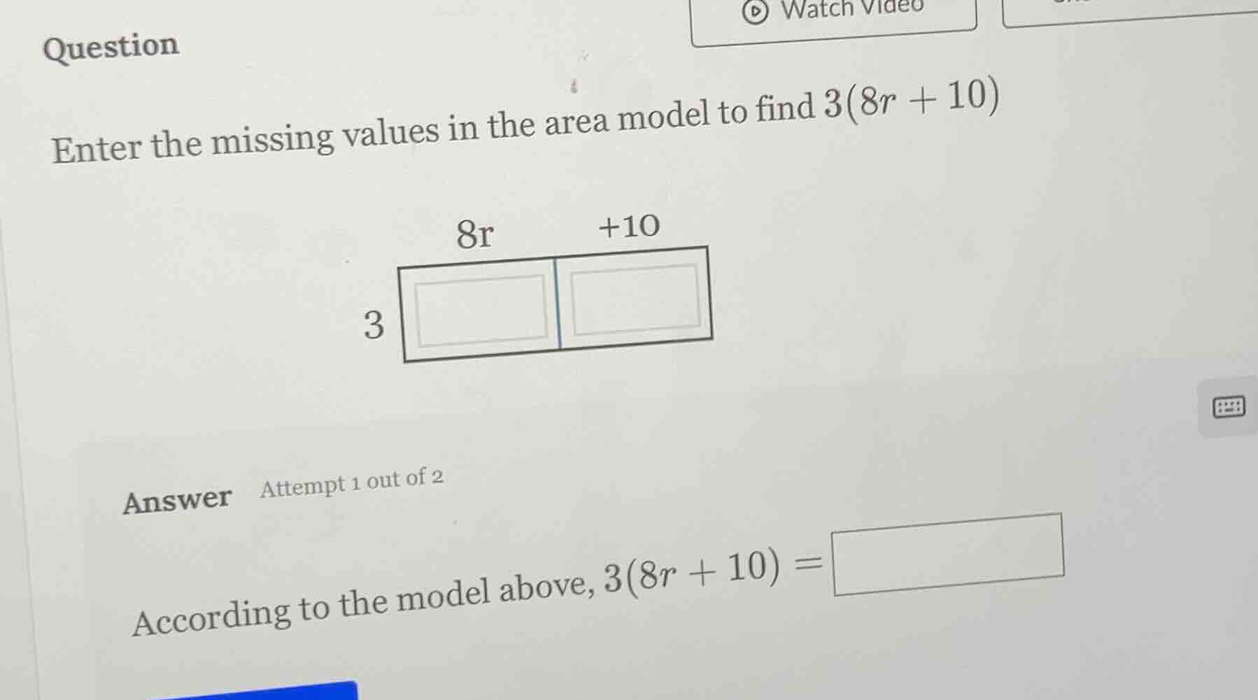 question enter the missing values in the area model to find $3(8r + 10)…