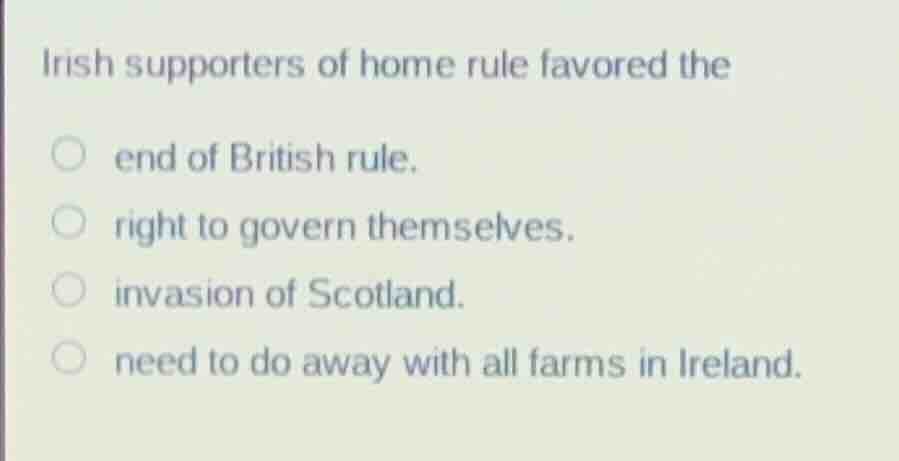 irish supporters of home rule favored the end of british rule. right to…