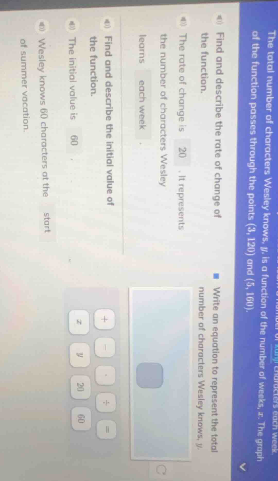 the total number of characters wesley knows, $y$, is a function of the …