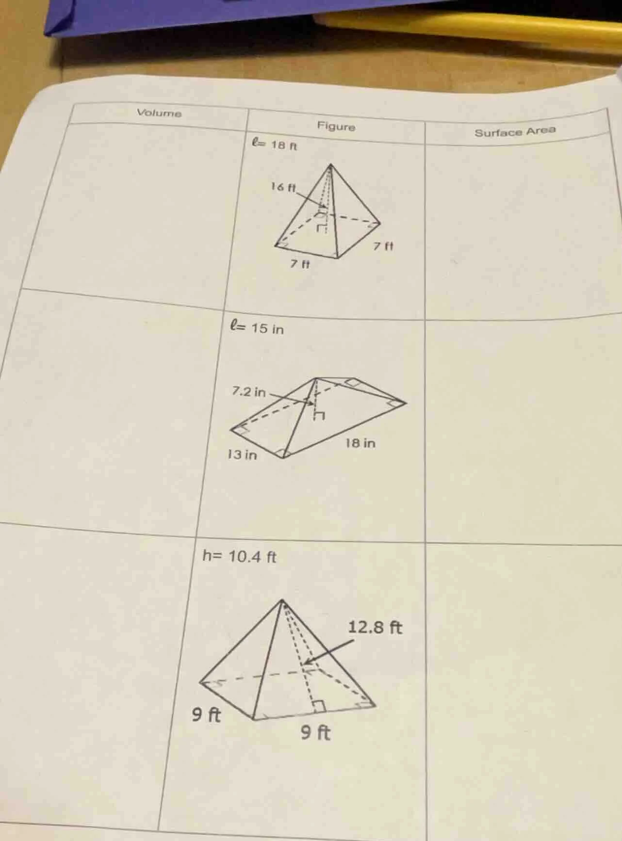 volume figure surface area $ell=18$ ft $ell=15$ in $h=10.4$ ft