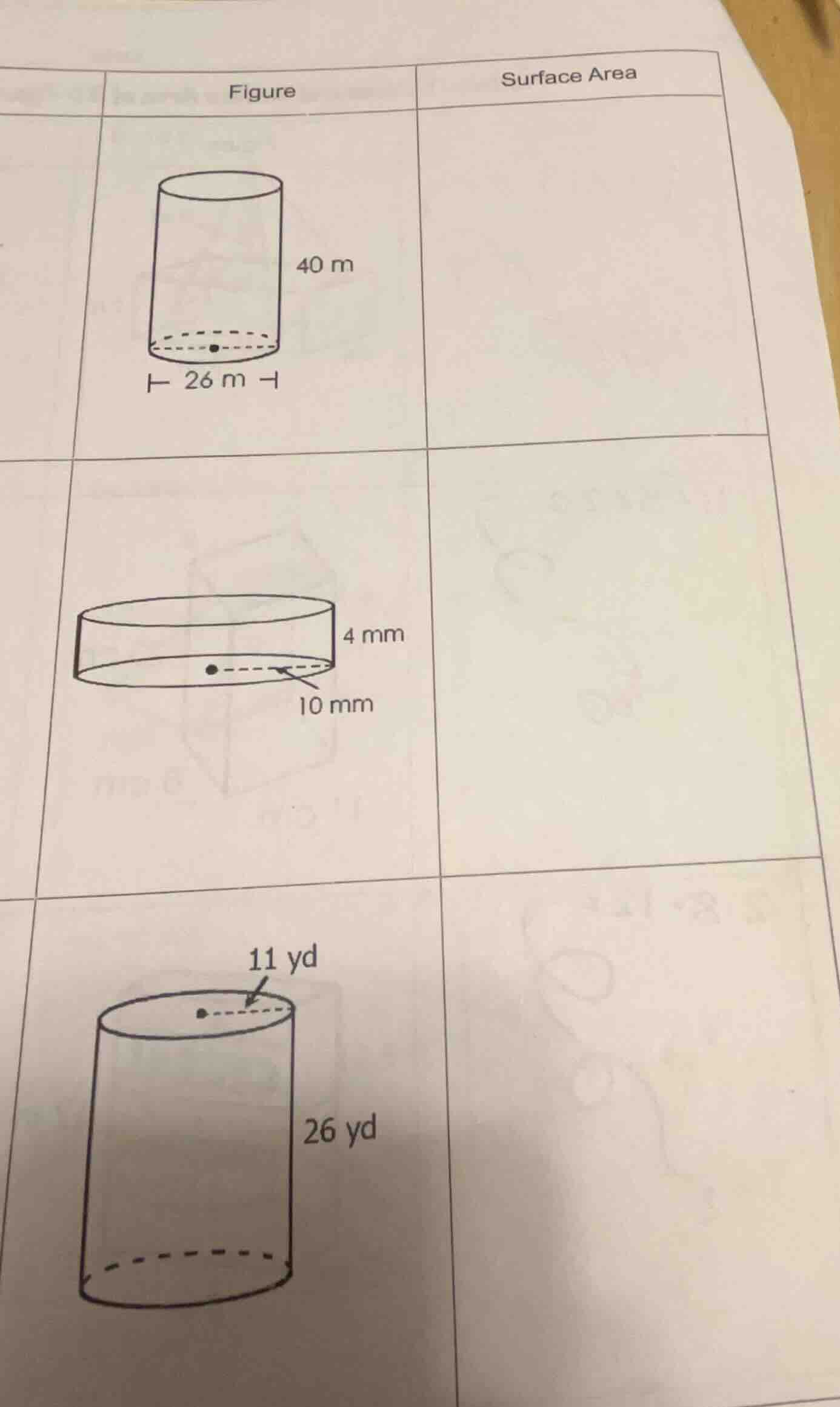 figure surface area 1. cylinder: height 40 m, base diameter 26 m, find …