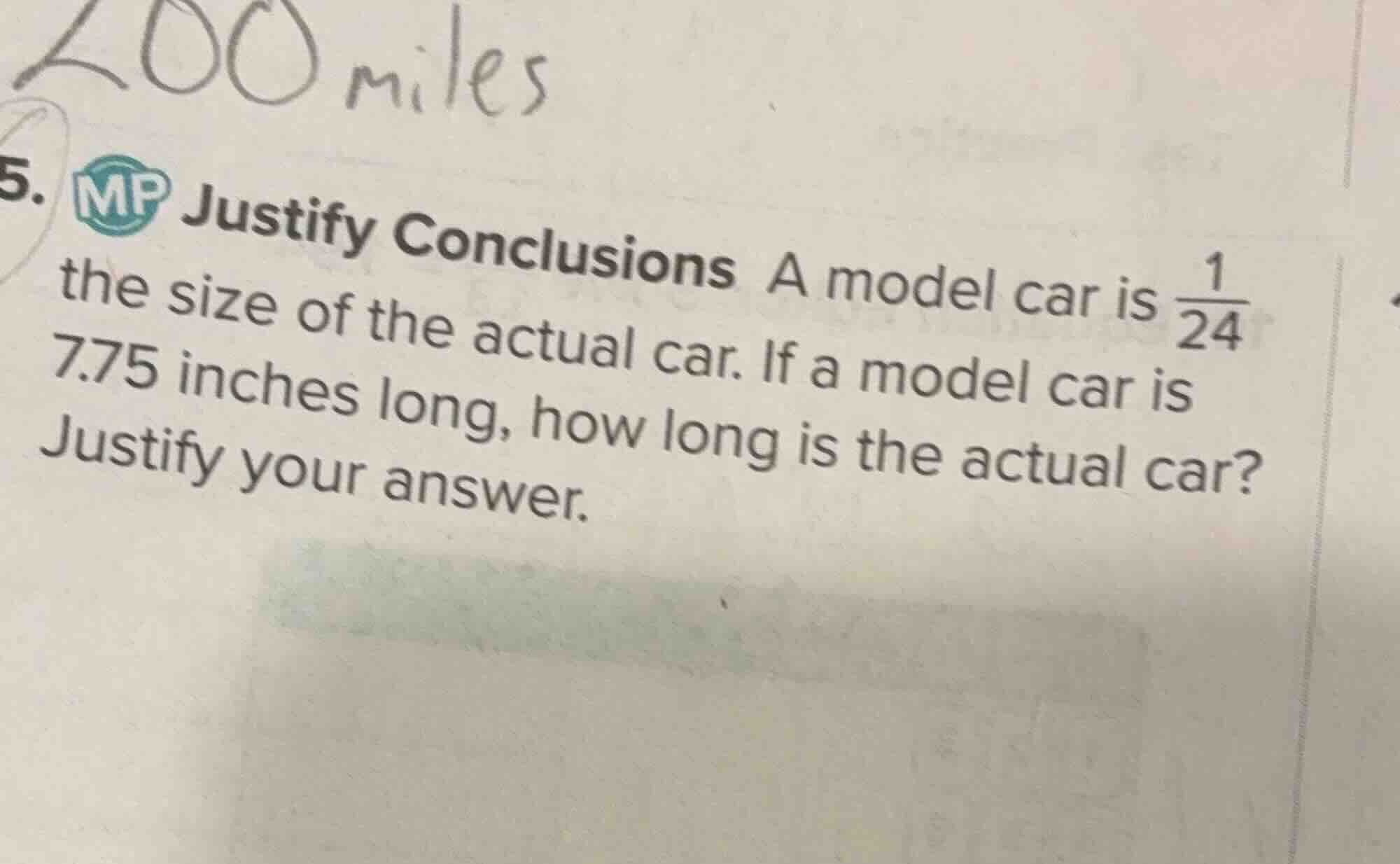 5. mp justify conclusions a model car is $\frac{1}{24}$ the size of the…