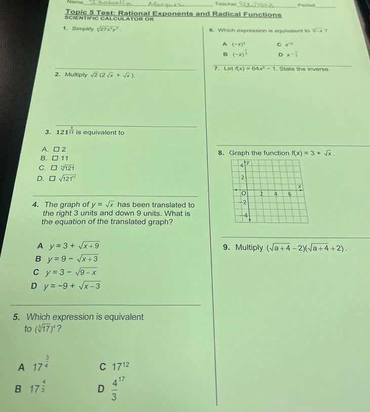 name ____ teacher ____ period ____topic 5 test: rational exponents and …