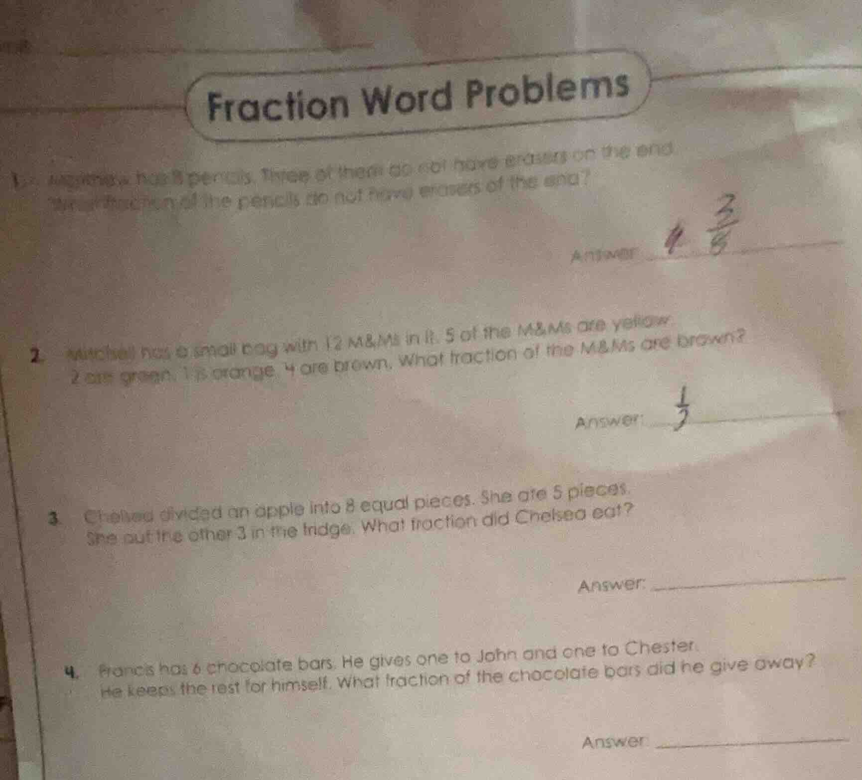 fraction word problems 1. matthew has 8 pencils. three of them do not h…