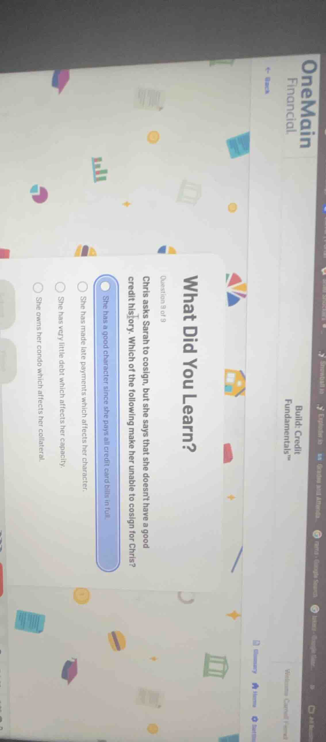 what did you learn? question 8 of 8 chris asks sarah to cosign, but she…