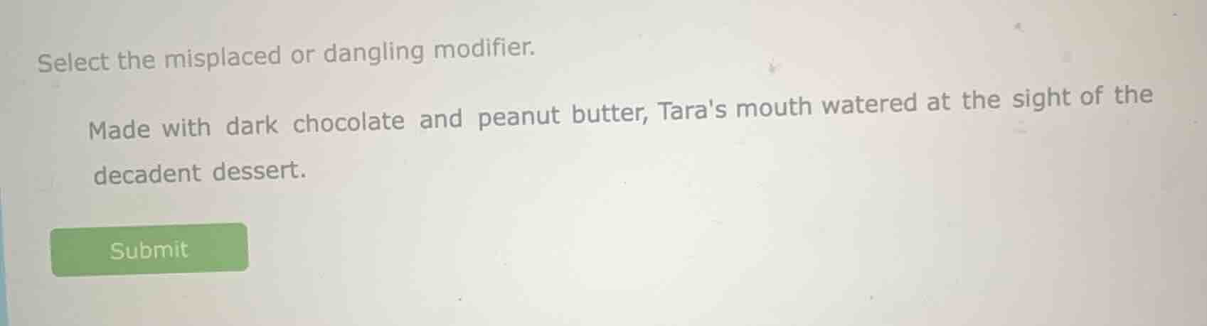 select the misplaced or dangling modifier. made with dark chocolate and…