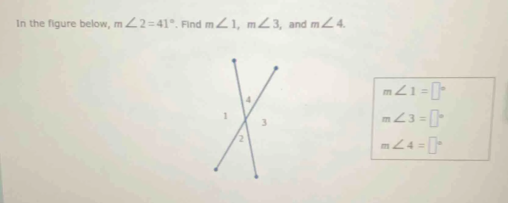 in the figure below, $m\\angle 2=41^{\\circ}$. find $m\\angle 1$, $m\\a…