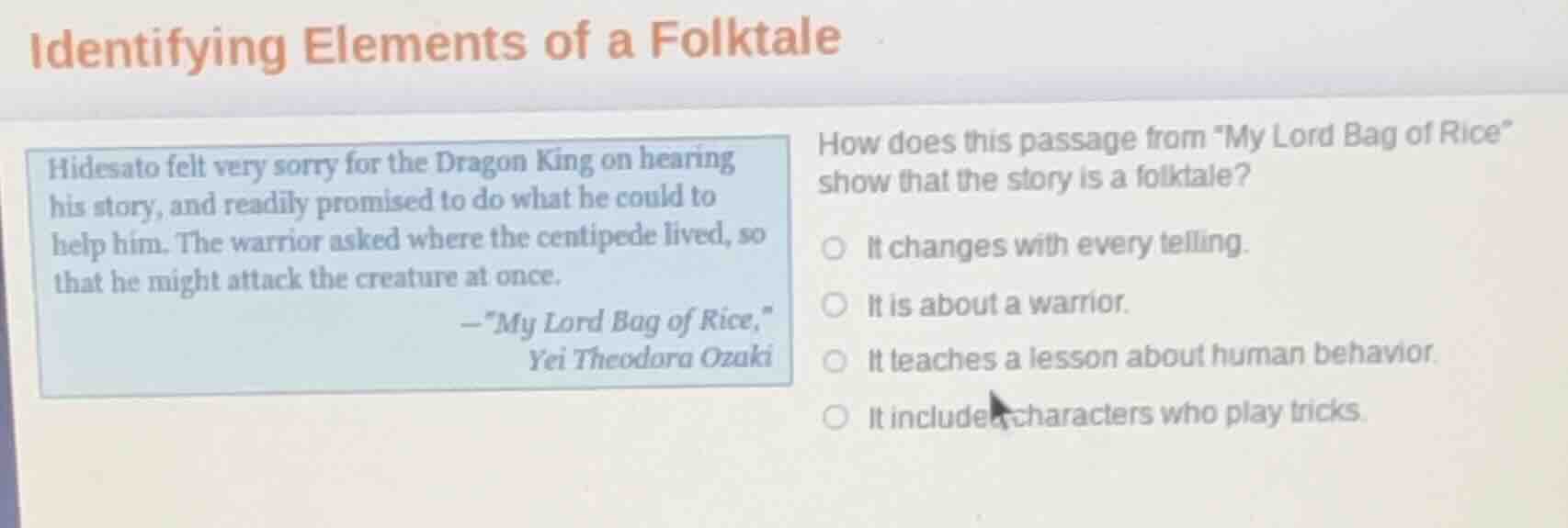 identifying elements of a folktale hidesato felt very sorry for the dra…