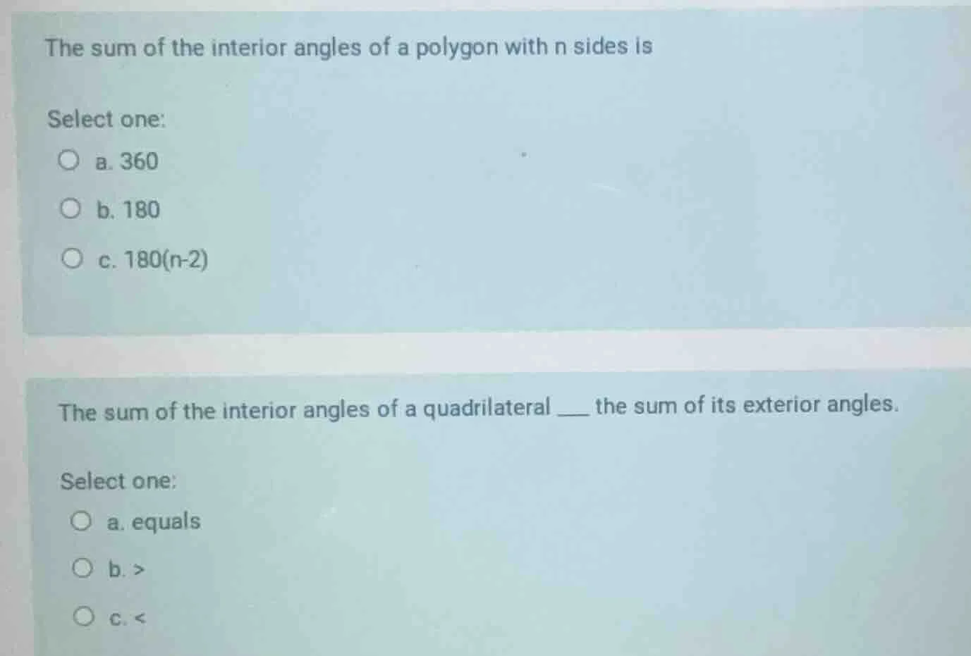 the sum of the interior angles of a polygon with n sides is select one:…