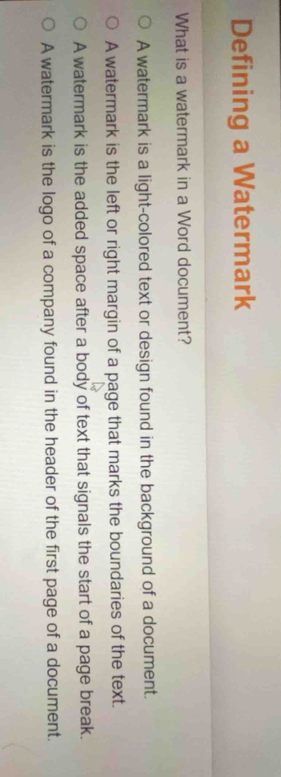 defining a watermark what is a watermark in a word document? ○ a waterm…