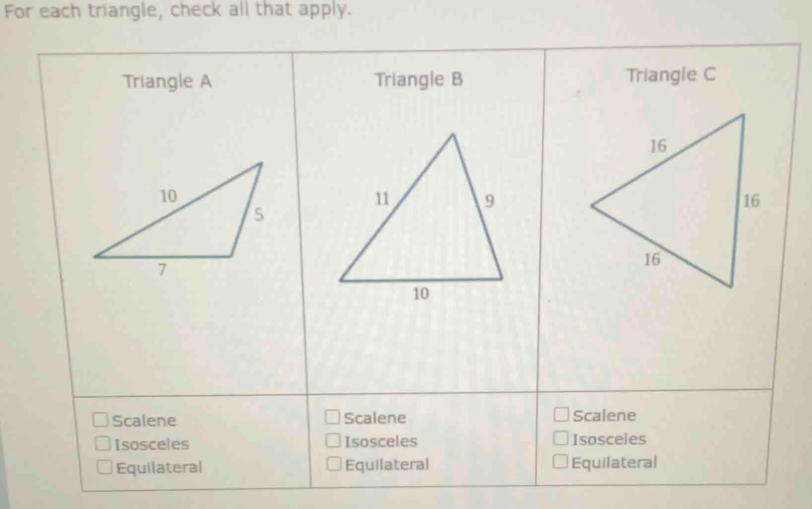 for each triangle, check all that apply. triangle a triangle b triangle…