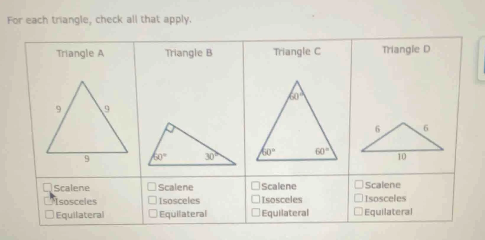for each triangle, check all that apply. triangle a triangle b triangle…