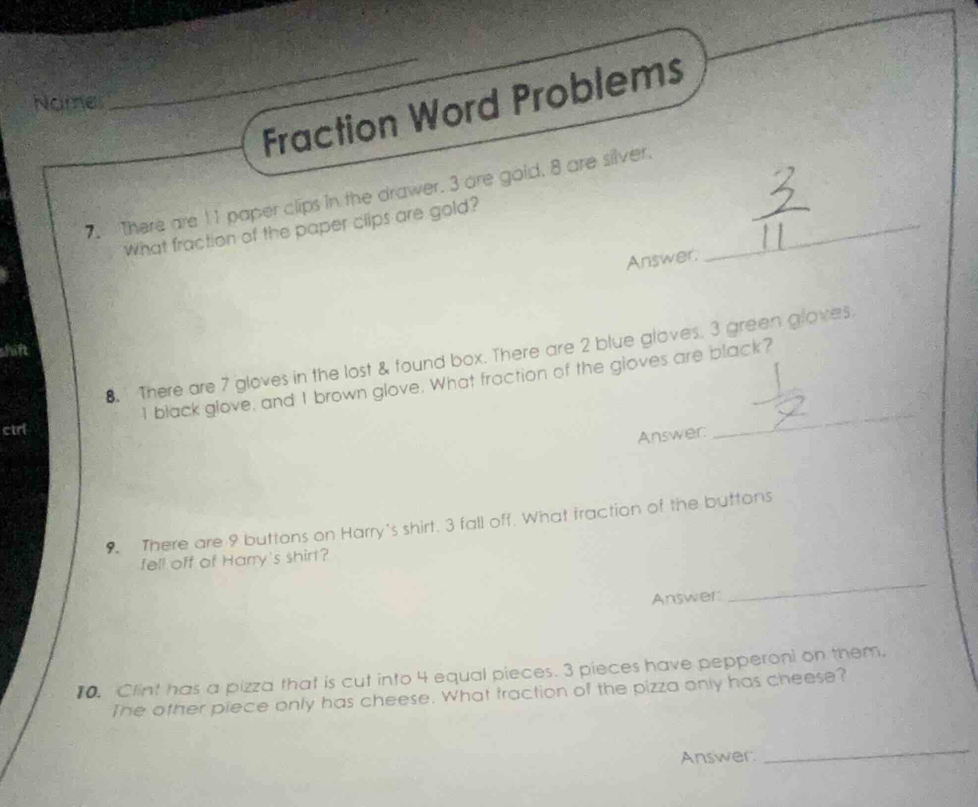 fraction word problems 7. there are 11 paper clips in the drawer. 3 are…