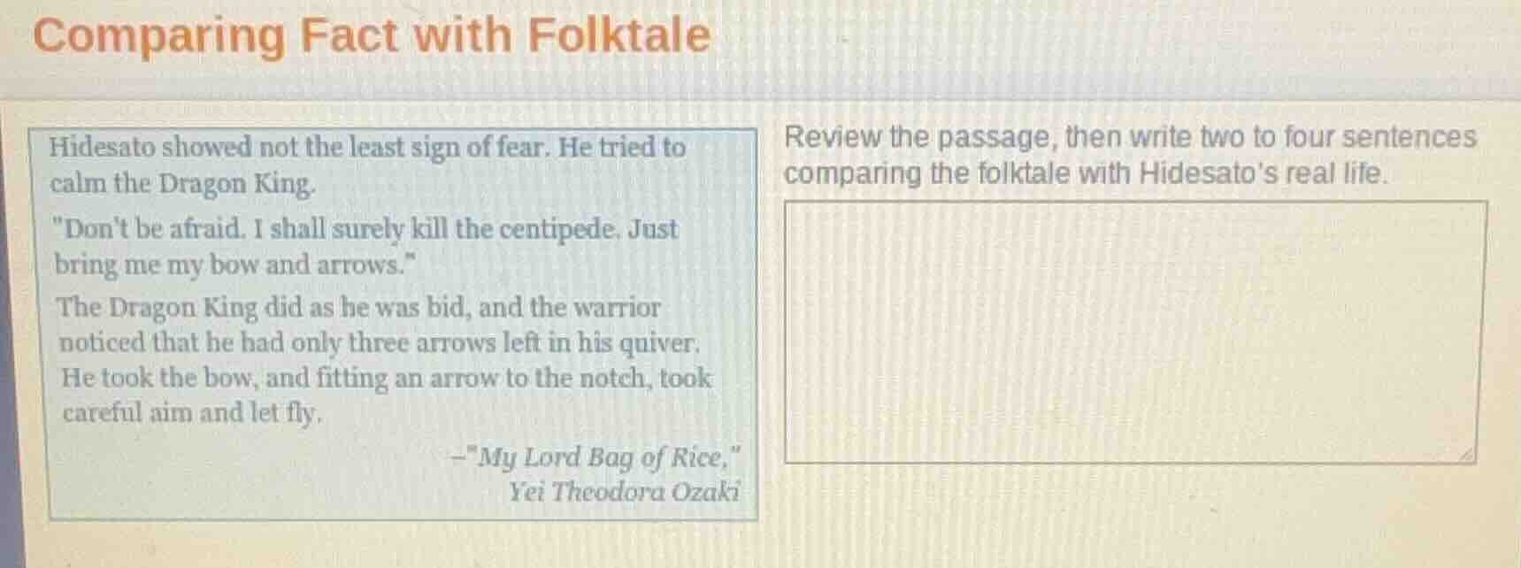 comparing fact with folktale hidesato showed not the least sign of fear…