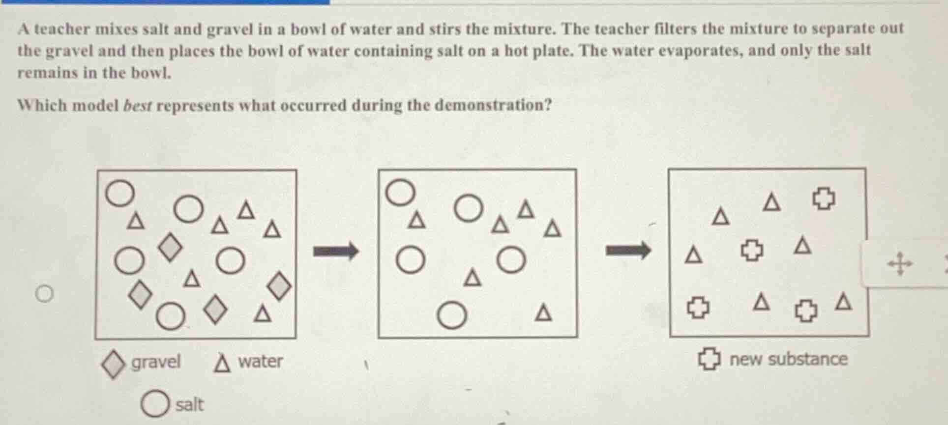 a teacher mixes salt and gravel in a bowl of water and stirs the mixtur…