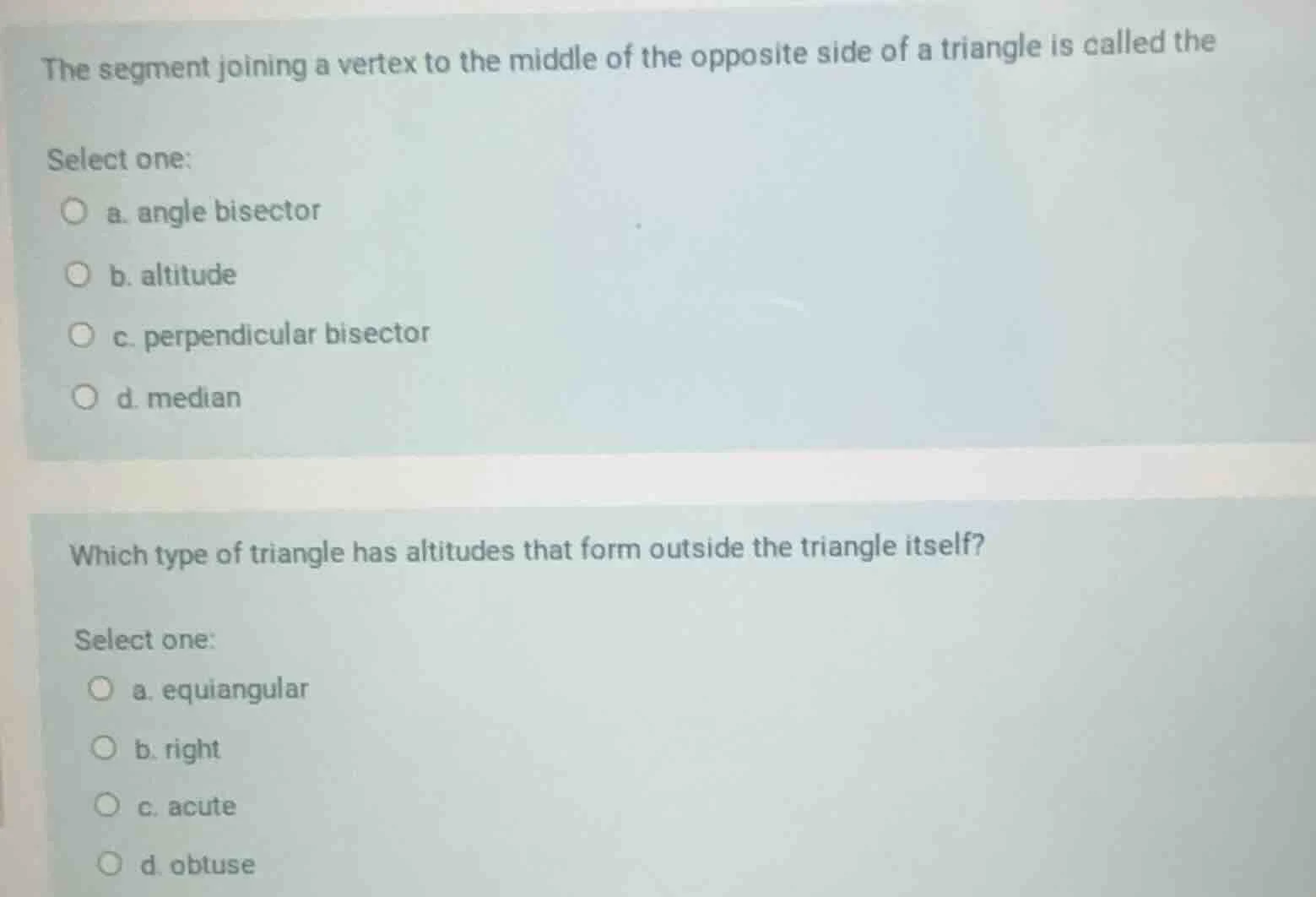 the segment joining a vertex to the middle of the opposite side of a tr…
