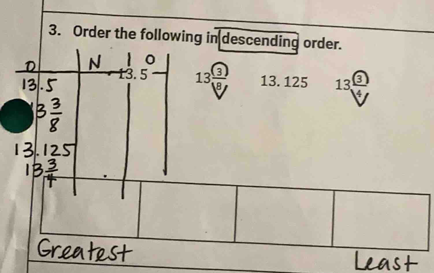 3. order the following in descending order. 13.5 $13\\frac{3}{8}$ 13.12…