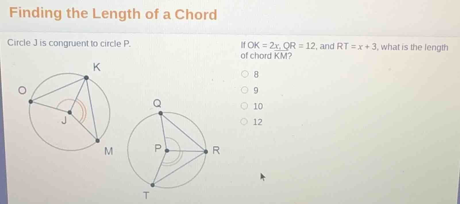 finding the length of a chord circle j is congruent to circle p. if $ok…
