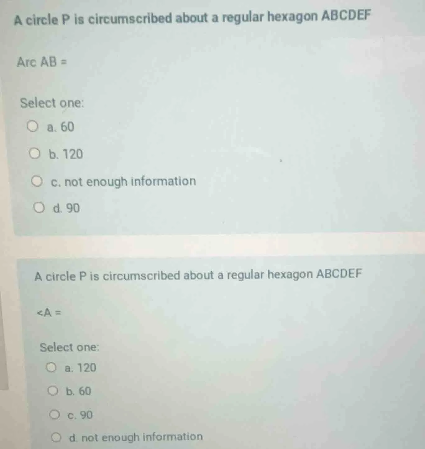 a circle p is circumscribed about a regular hexagon abcdef arc ab = sel…