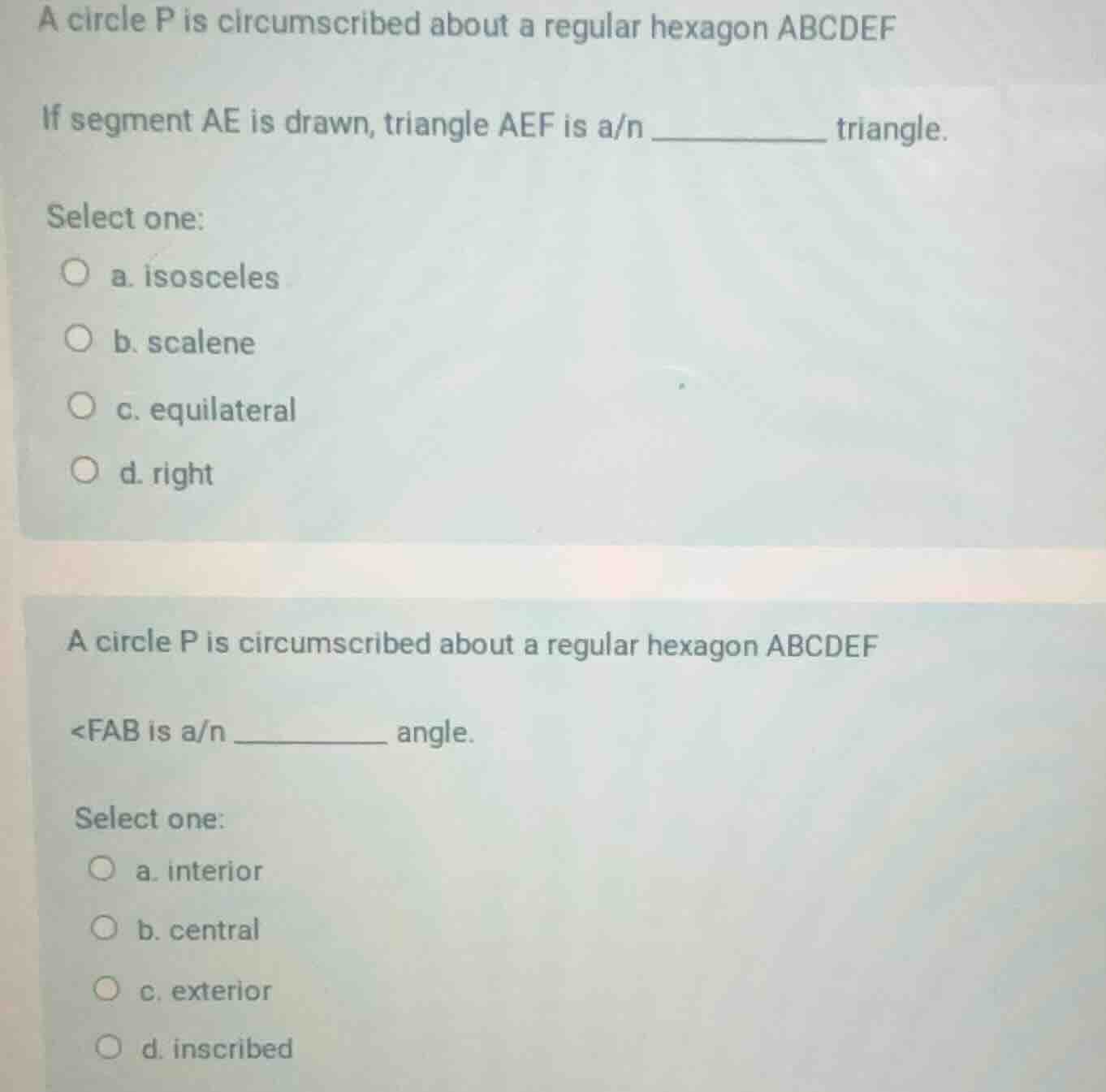 a circle p is circumscribed about a regular hexagon abcdef if segment a…