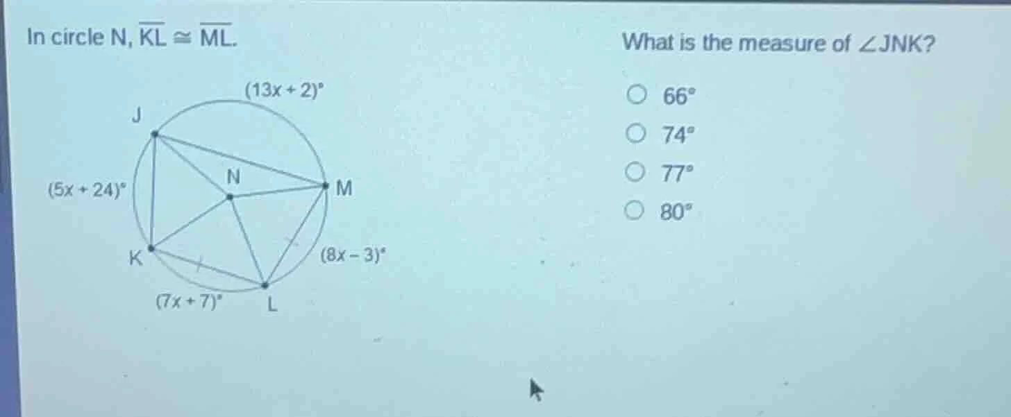 in circle n, $overline{kl} cong overline{ml}$. what is the measure of $…