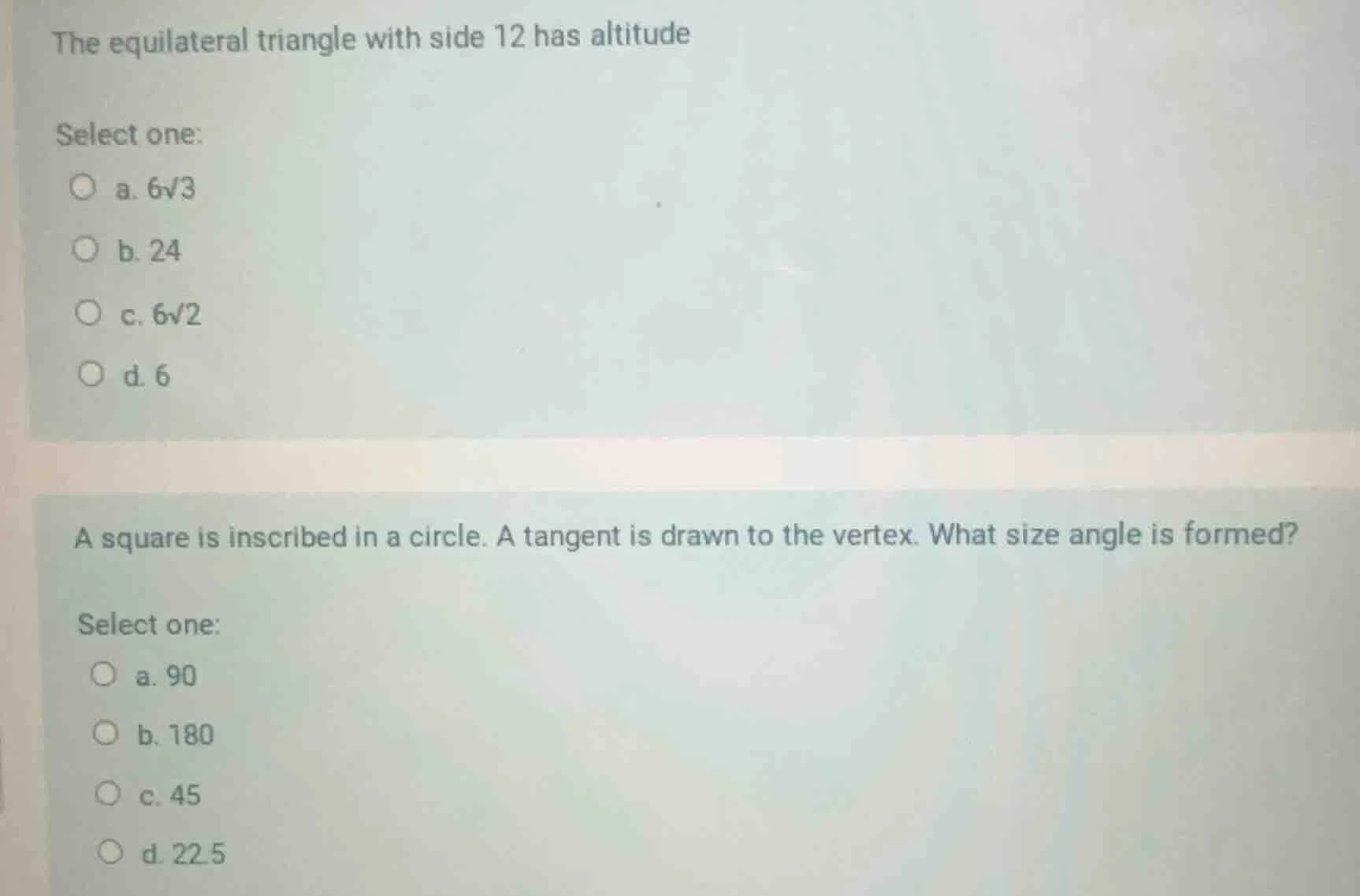 the equilateral triangle with side 12 has altitude select one: a. $6\\s…