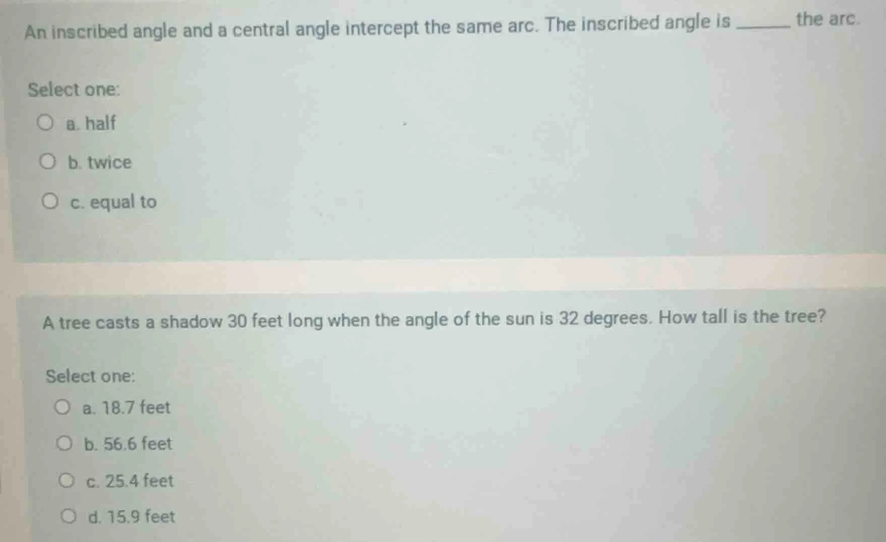 an inscribed angle and a central angle intercept the same arc. the insc…