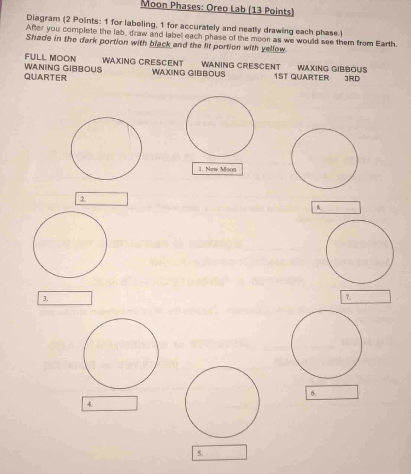 moon phases: oreo lab (13 points)diagram (2 points: 1 for labeling, 1 f…