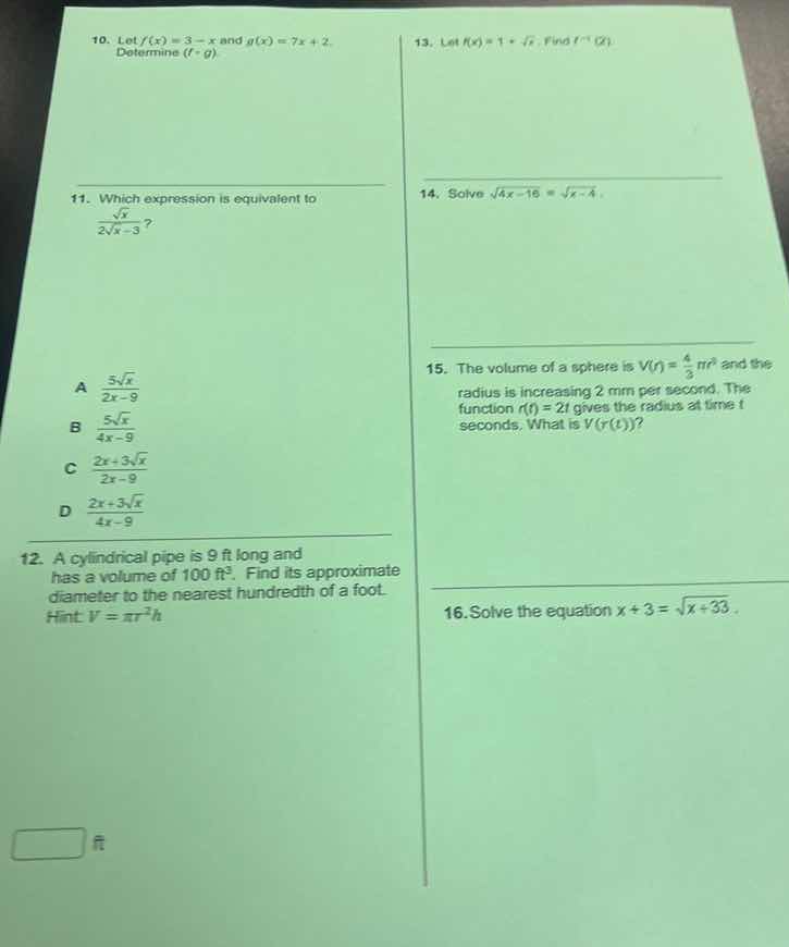10. let $f(x)=3 - x$ and $g(x)=7x + 2$. determine $(f - g)$. 11. which …