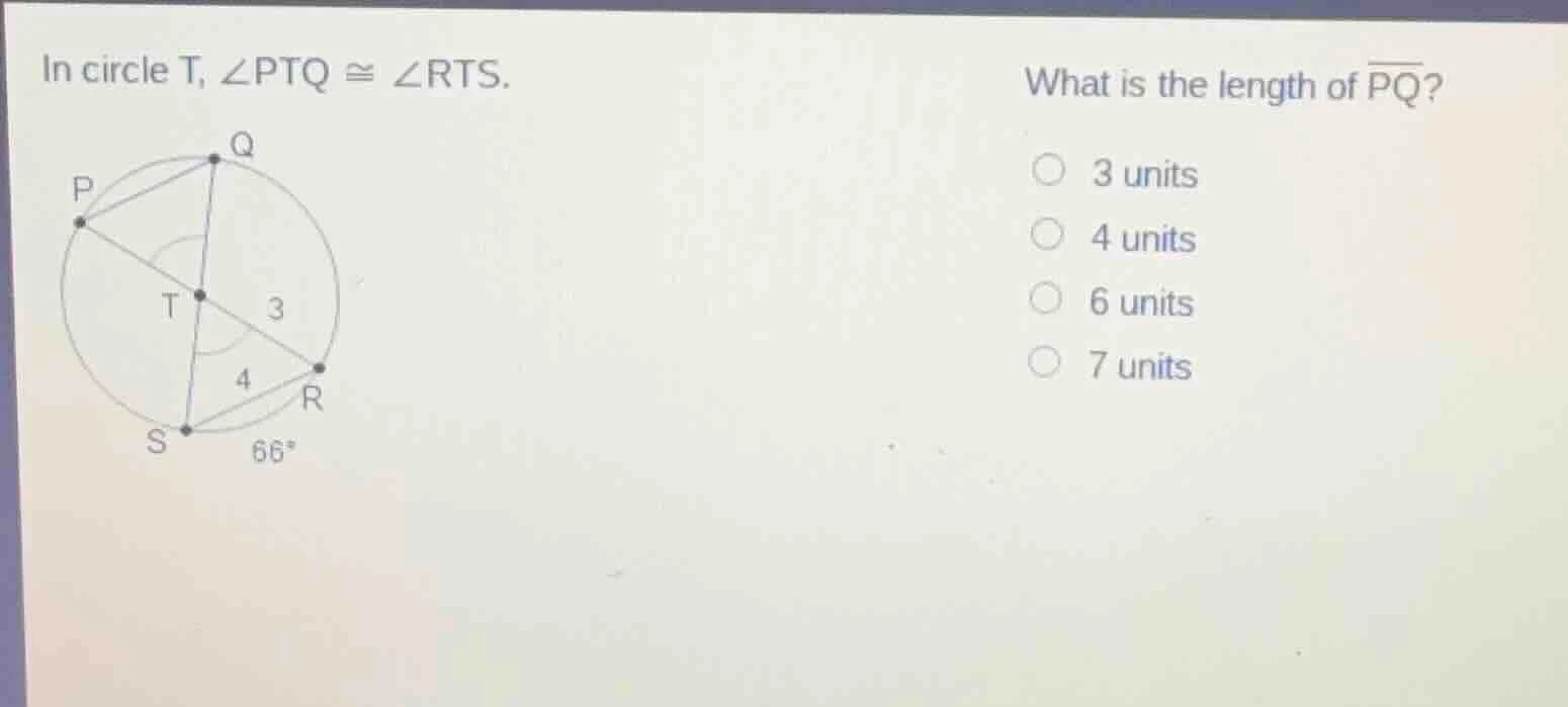 in circle t, $angle ptq cong angle rts$. what is the length of $overlin…