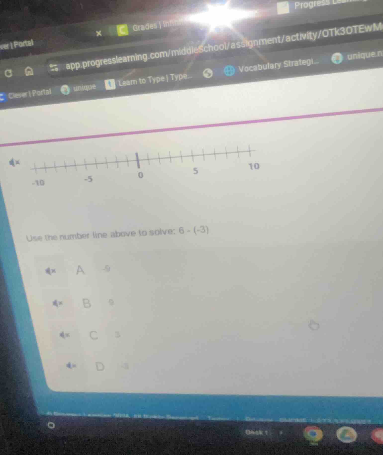 use the number line above to solve: $6 - (-3)$ a $-9$ b $9$ c $3$ d $-3$