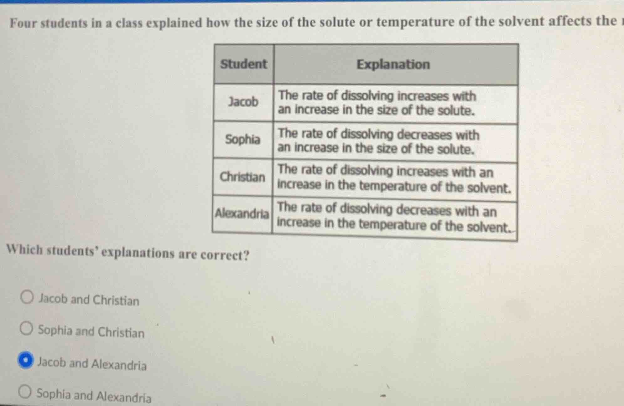 four students in a class explained how the size of the solute or temper…