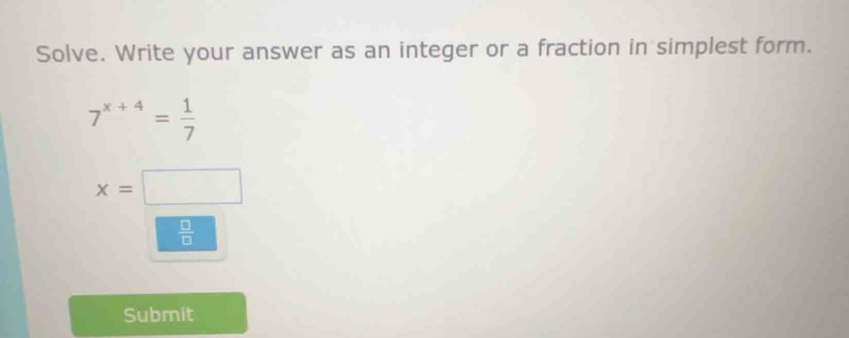 solve. write your answer as an integer or a fraction in simplest form. …