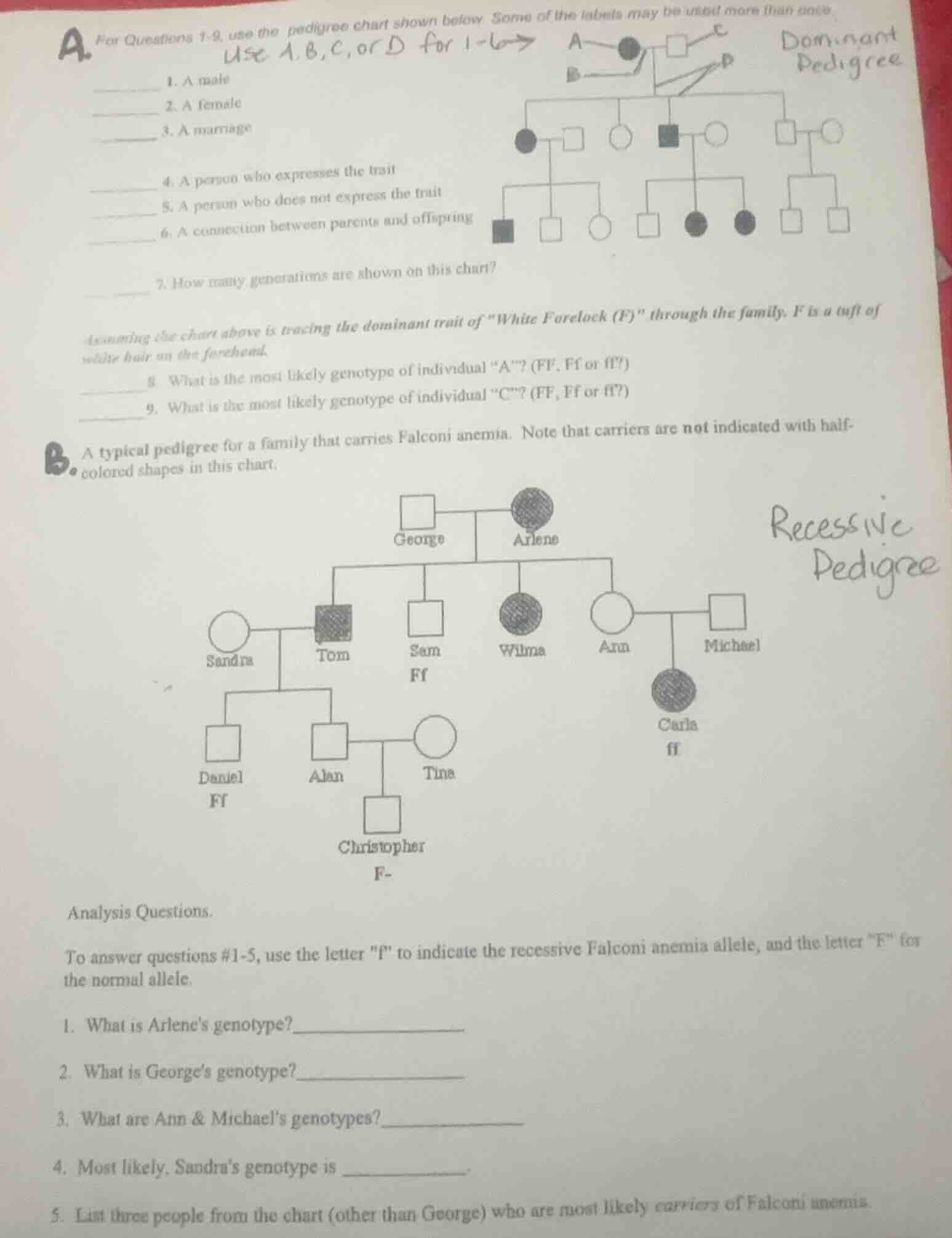 afor questions 1-9, use the pedigree chart shown below. some of the lab…