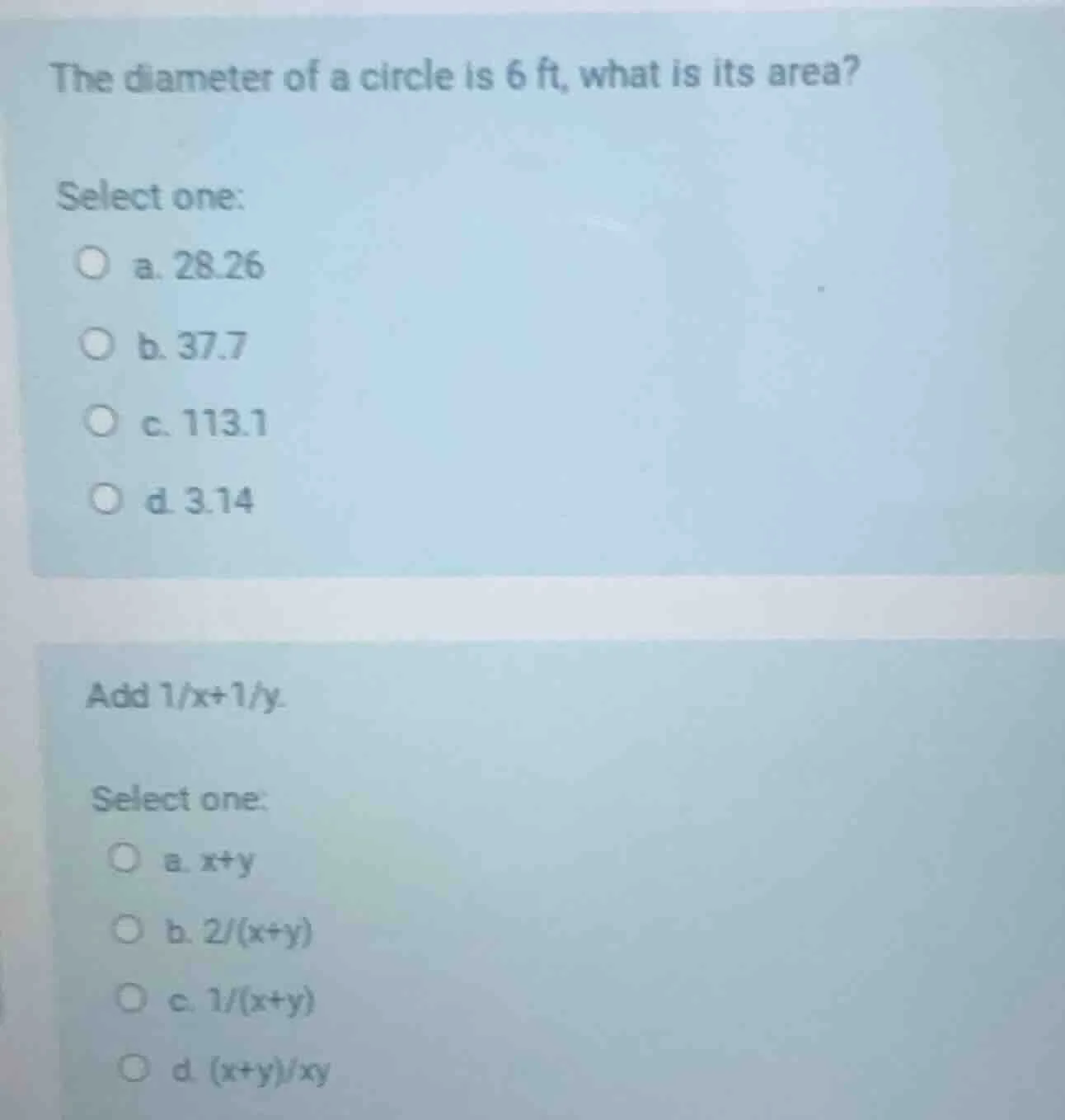 the diameter of a circle is 6 ft, what is its area? select one: a. 28.2…