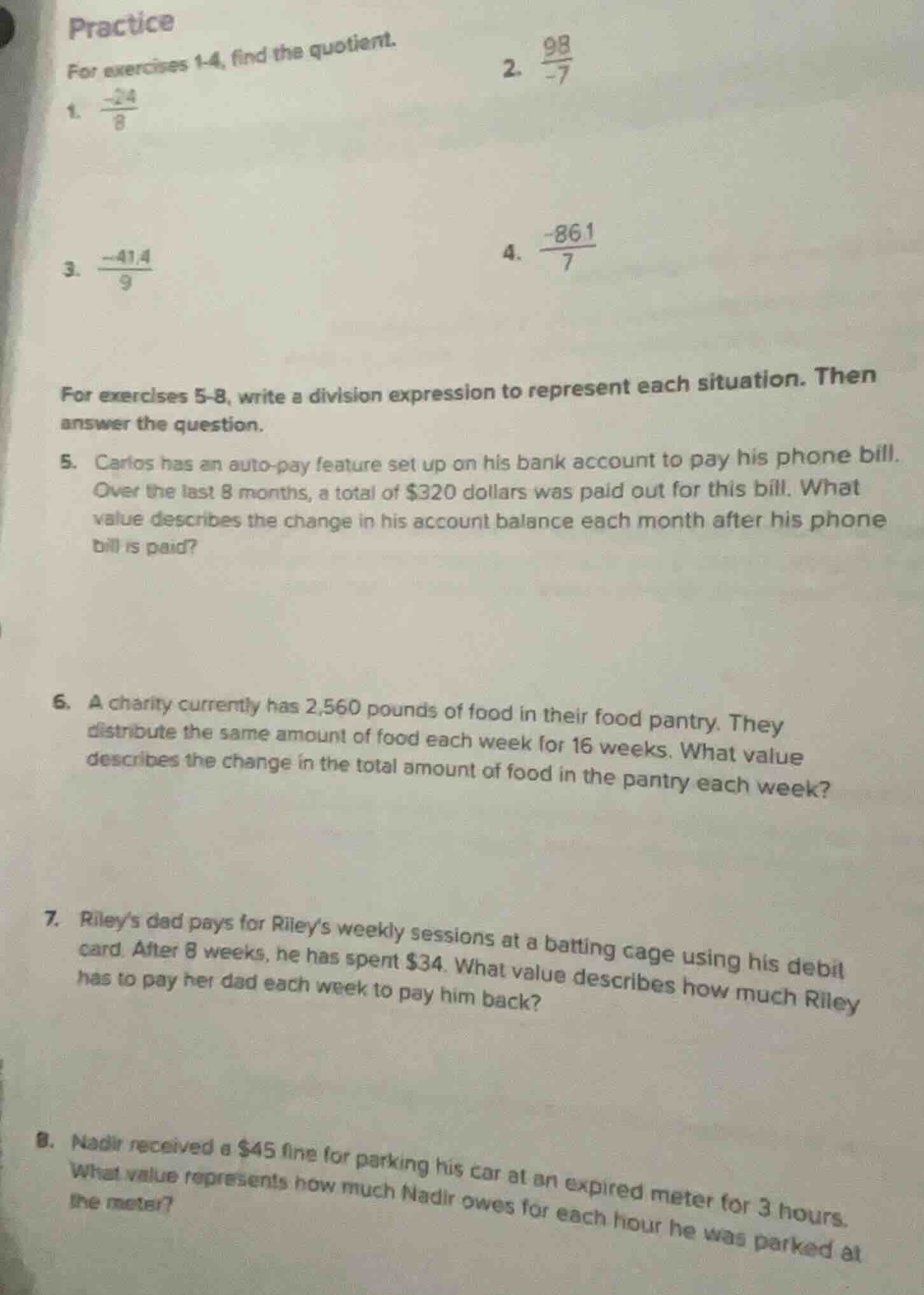 practice for exercises 1-4, find the quotient. 1. $\frac{-24}{8}$ 2. $\…