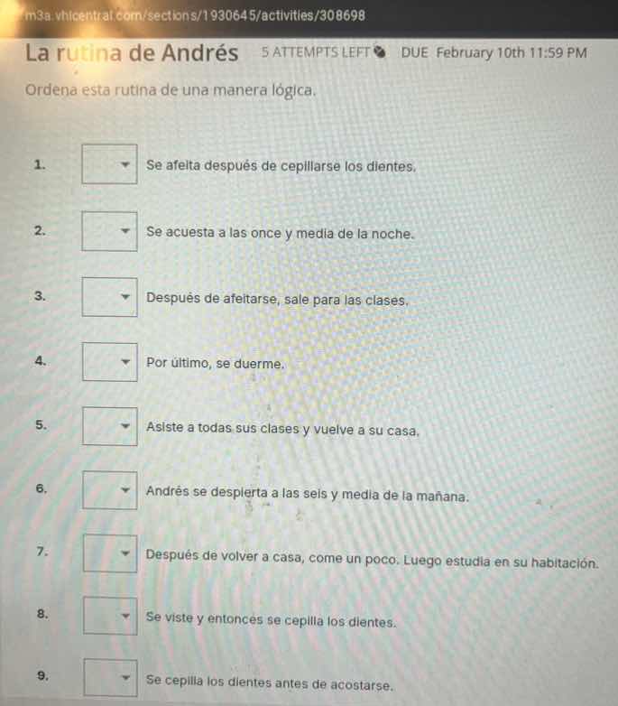 la rutina de andrés 5 attempts left due february 10th 11:59 pm ordena e…