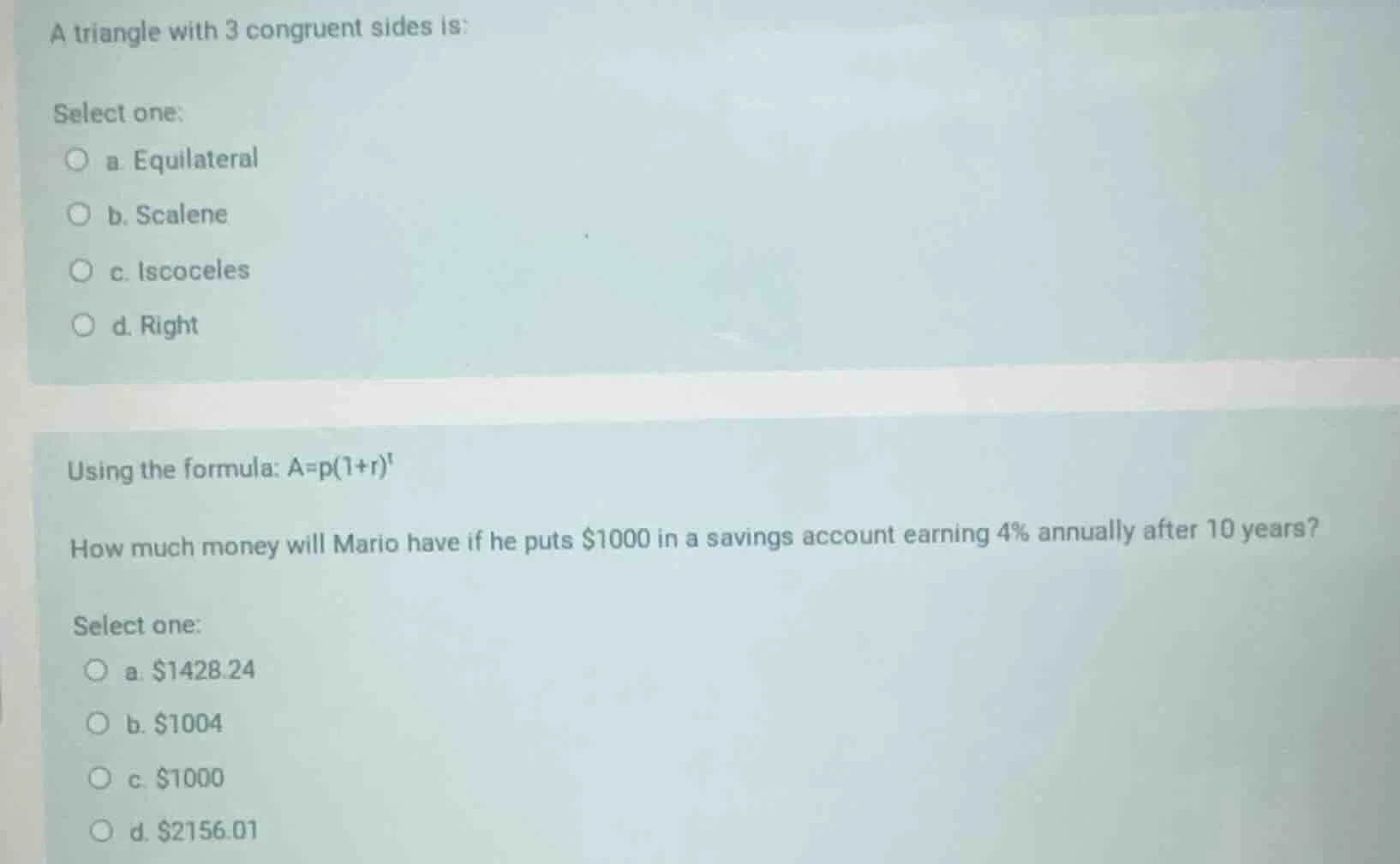 a triangle with 3 congruent sides is: select one: a. equilateral b. sca…