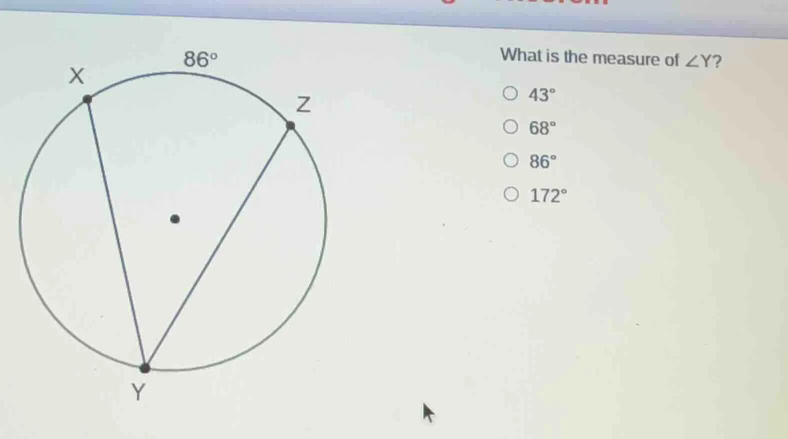 what is the measure of $angle y$?$\bigcirc$ $43^circ$$\bigcirc$ $68^cir…