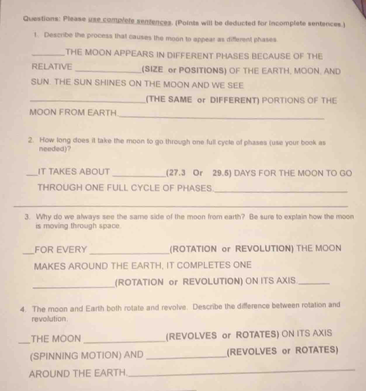 questions: please use complete sentences. (points will be deducted for …