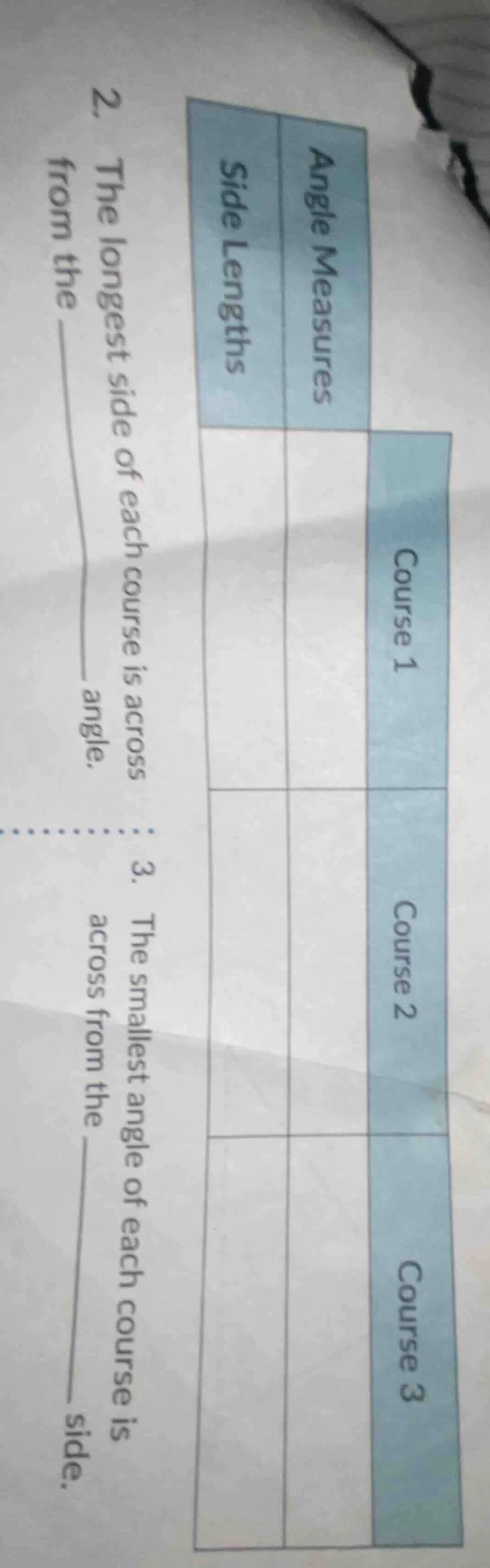 2. the longest side of each course is across from the ______ angle. 3. …