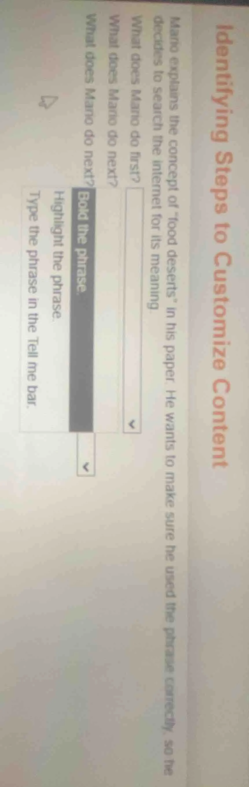 identifying steps to customize content mario explains the concept of \f…