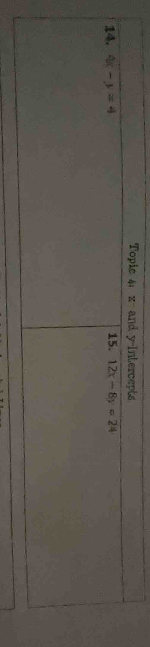 topic 4: x and y-intercepts 14. $4x - y = 4$ 15. $12x - 8y = 24$