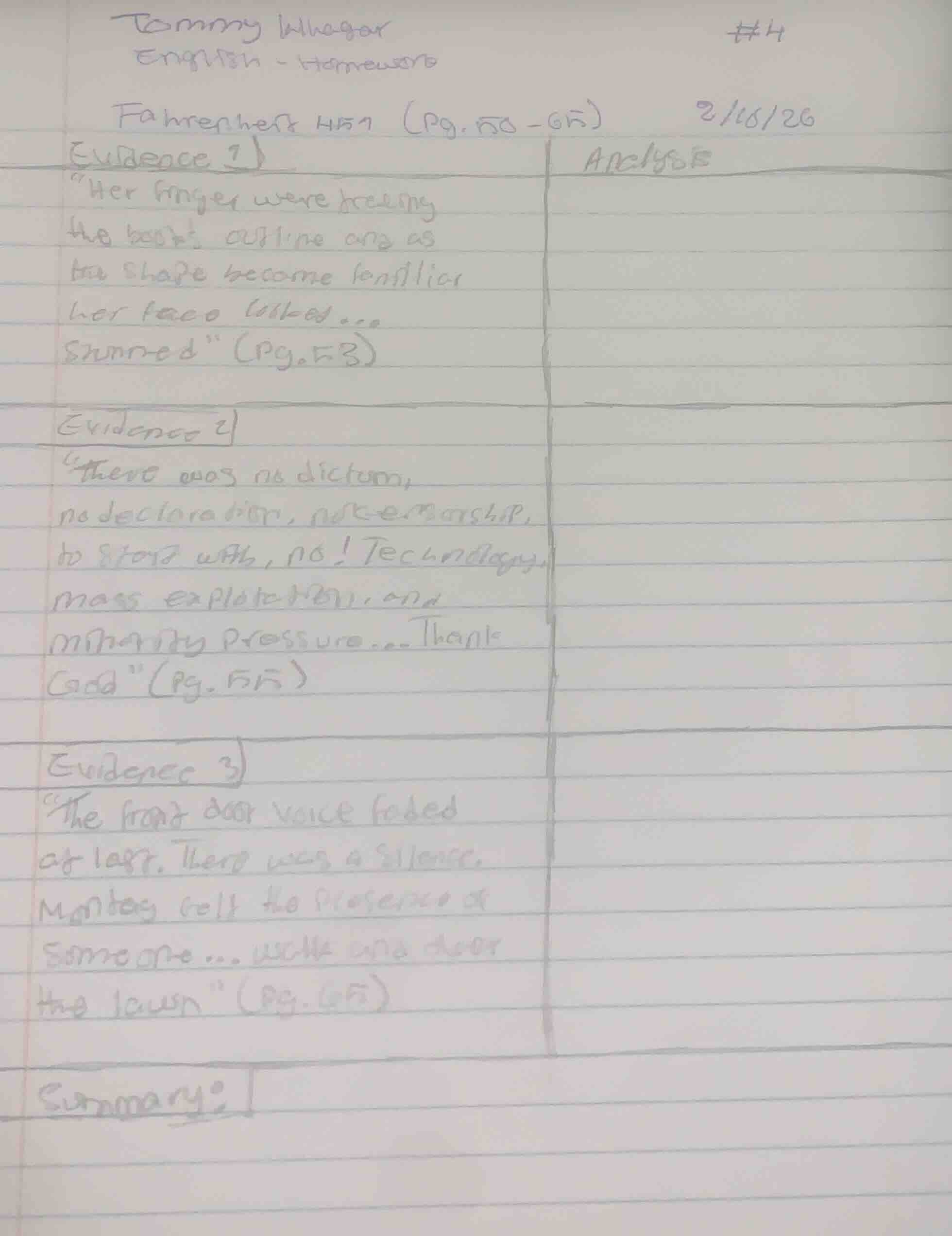 tommy wheagar #4english - homeworkfahrenheit 451 (pg. 50-65) 2/16/26evi…